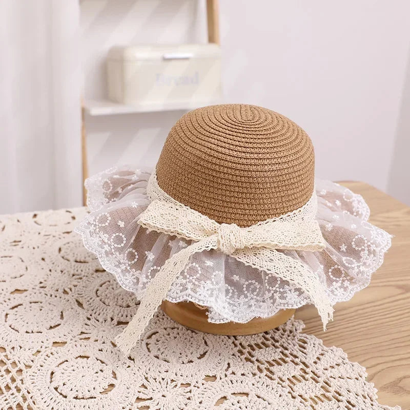 Summer Baby Girl Straw Hat Solid Color Lace Ruffle Kids Fisherman Cap Outdoor Beach Caps Sunshade Wide-brim Bucket Hats