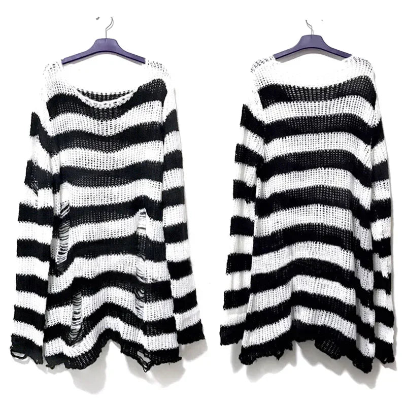 New Autumn Punk Gothic Long Unisex Sweater Women Striped Cool Hollow Out Hole Broken Jumper Loose Rock Thin Dark Streetwear Top