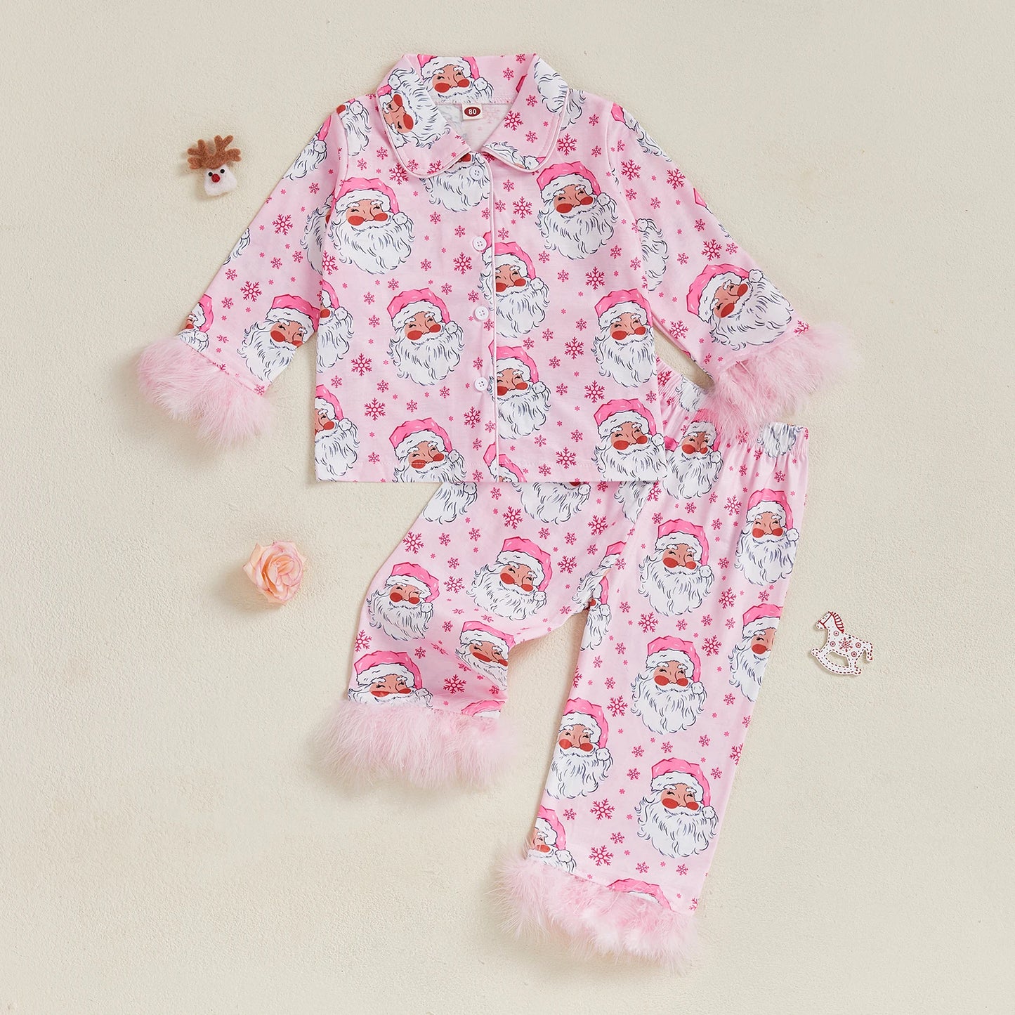 Adorable Infant Boy Holiday Pajama Set Reindeer Print Fleece Trimmed Button Up Long Sleeve Shirt and Pants with Matching Hat