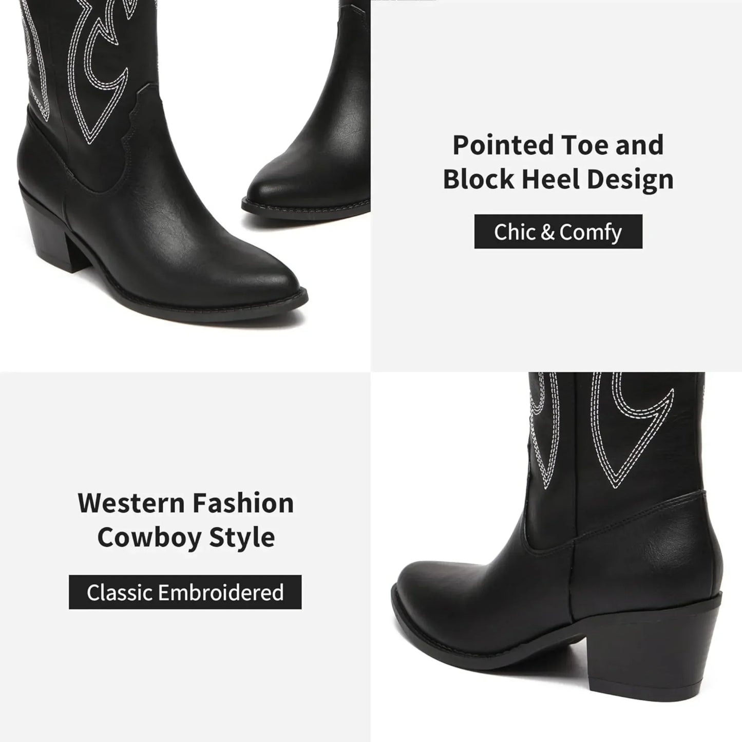 Women's Cowboy Boots Knee High Pointed Toe Western Cowgirl Boots Chunky Heel Embroidery Fashion Fall shoes for women
