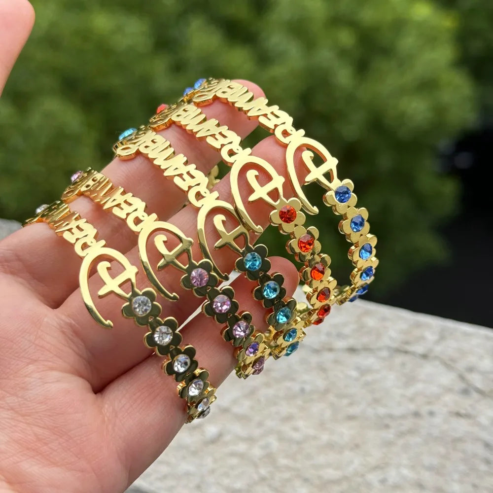 DUOYING Custom Letter Bangle Floral Customised Birthstone Bracelet Colorful Stainless Steel Gold Jewelry For Baby Girl Gift