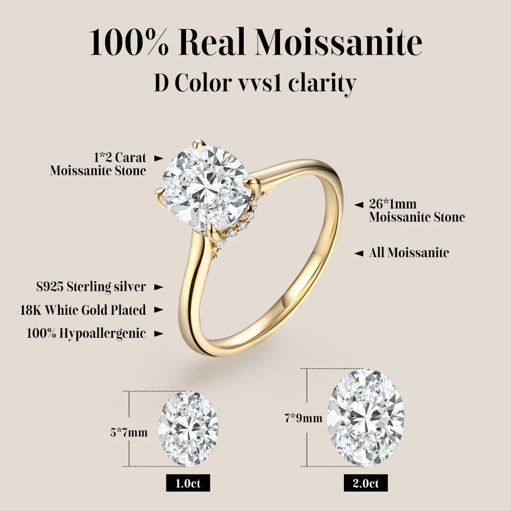 ATTAGEMS Oval cut 9*7mm2CT DVVS Moissanite Ring 925 Sterling Silver for Women Wedding Jewelry High Quality Shipping from the USA