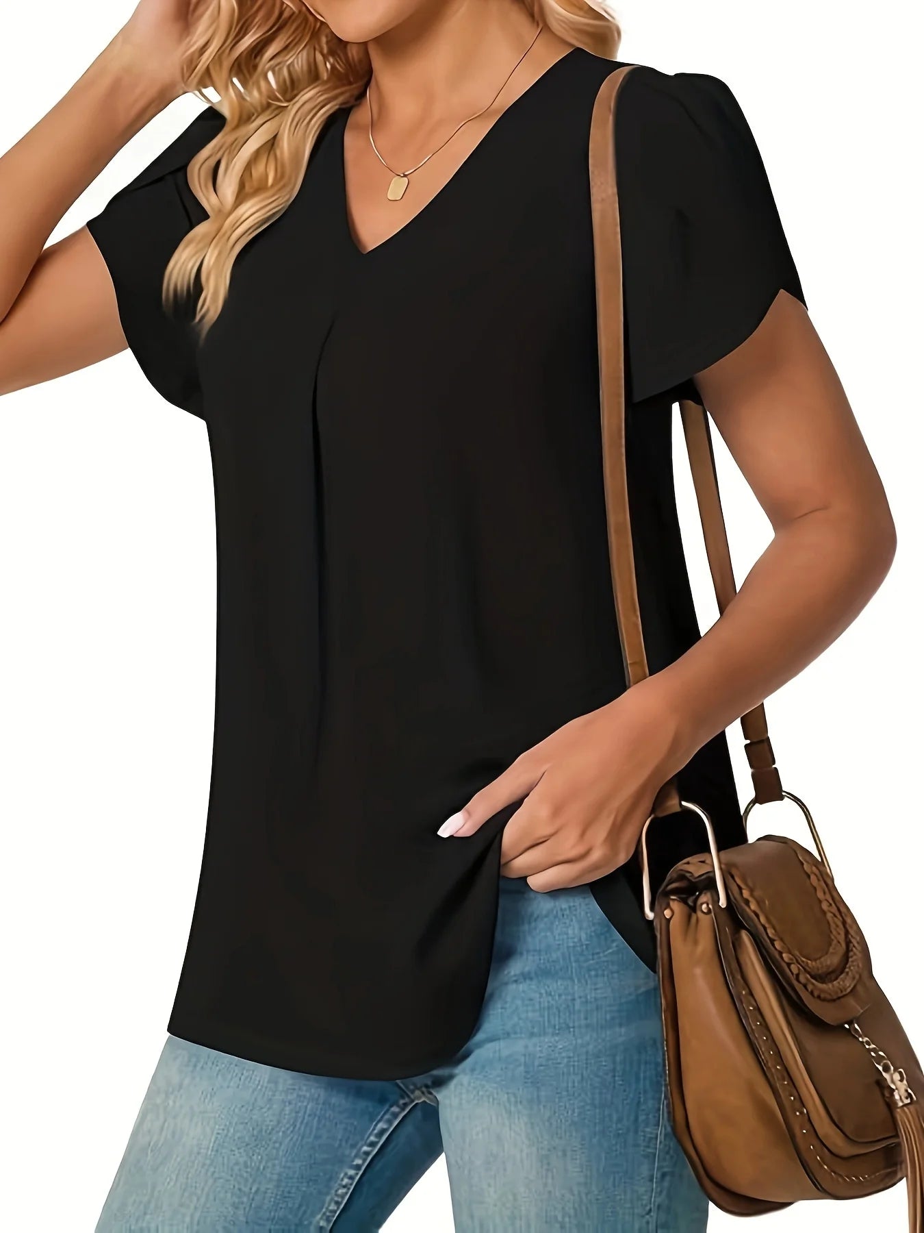 Elegant Women's Top Blouse Flower 2024 Summer Fashion Simplicity Short Sleeve Solid V-Neck Commuter Office Female Shirt S-XXL