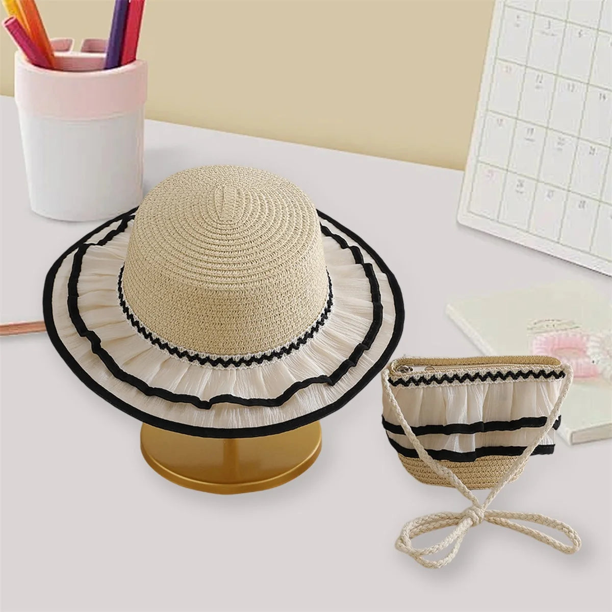 Children s Girl Patchwork Wide Brim Straw Hat and Bag Set for Summer Beach Vacation - Adorable Sun Protection Accessories for