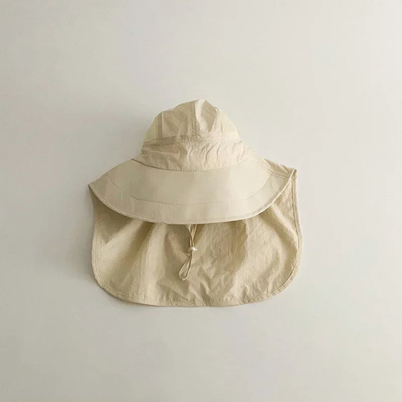Solid Color Summer Sun Hat for Boy Girl Korean Big Brim Fisherman Cap Kids Quick Dry Mesh Anti UV Beach Cap with Neck Cover