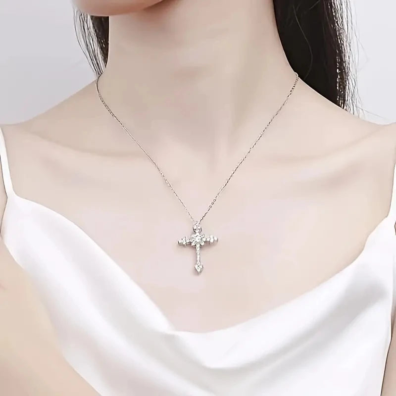 1pc S925 Silver with 1CT Moissanite Personalized Cross Necklace for Men and Women, Moissanite Gemstone Jewelry | Gifts for Mothe
