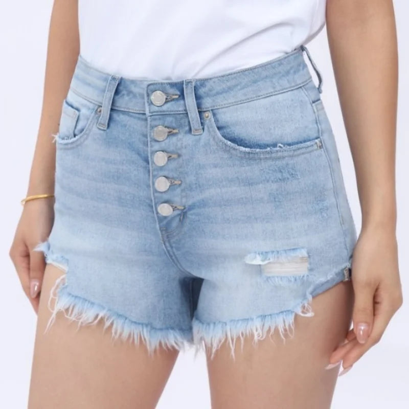 Women High Rise Button Up Denim Shorts Raw Hem Distressed Ripped Light Blue Washed Comfort Fitted Casual Style Chic Bottom