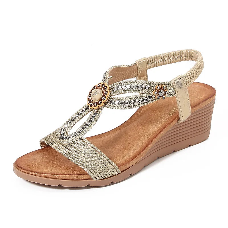 Women'S Thick-Soled Sandals Wedge-Heeled Beach Shoes Fashionable Rhinestones Comfortable Trendy Casual Shoe High Heels