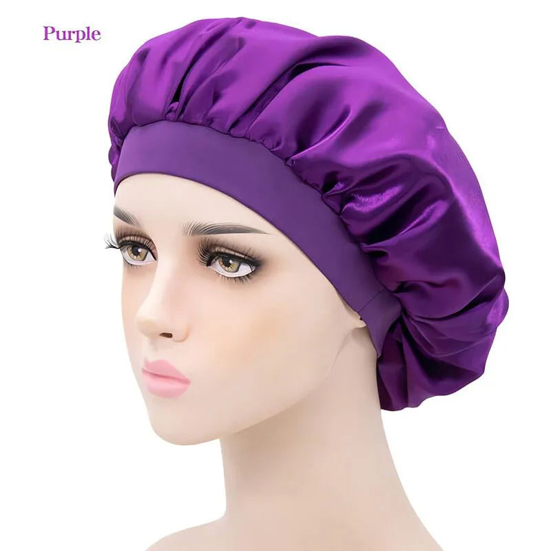Women Satin Bonnet Night Sleep Cap Hair Hat Silk Head Cover Wide Elastic Band