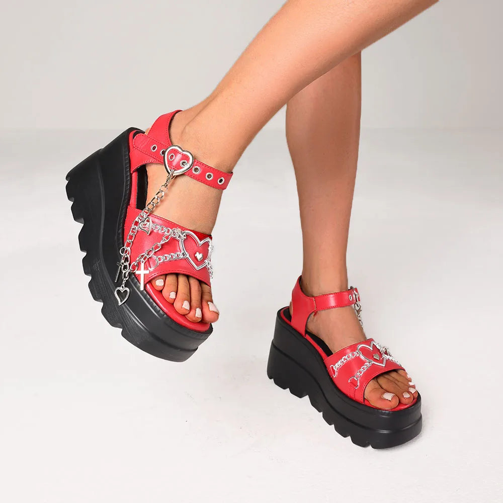 Women Y2k Gothic Sandals Wedges High Heels Platform Metal Chain Heart Decor Ankle Strap Punk Cosplay Sandals For Woman Summer Sh
