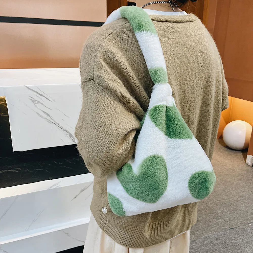 Women Fashion Plush Shoulder Bag Large Capacity Heart Fluffy Commuting Bag Simple Shopping Bag Furry Messenger Bag Chic Hobo Bag