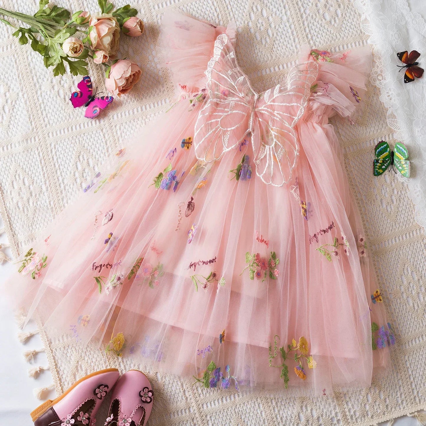 Summer Girls' Princess Party Birthday Dress Sweet Baby Girls Dress Back Bow Wings Fairy Strap Embroidered Butterfly Mesh Dress