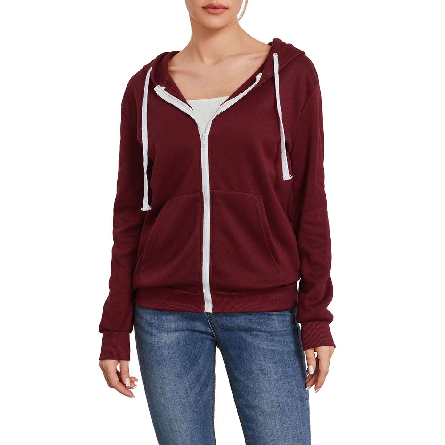 Women s Zip Up Hoodies Long Sleeve Solid Color Classic Fit Sweatshirts Jackets Streetwear Tops