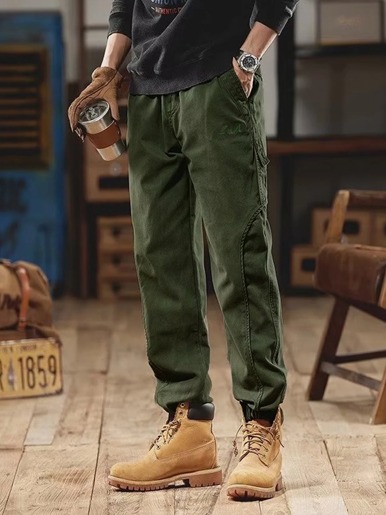 Men's casual work pants, multi-pocket design - Relaxed waist long pants suitable for outdoor, sports and autumn activities