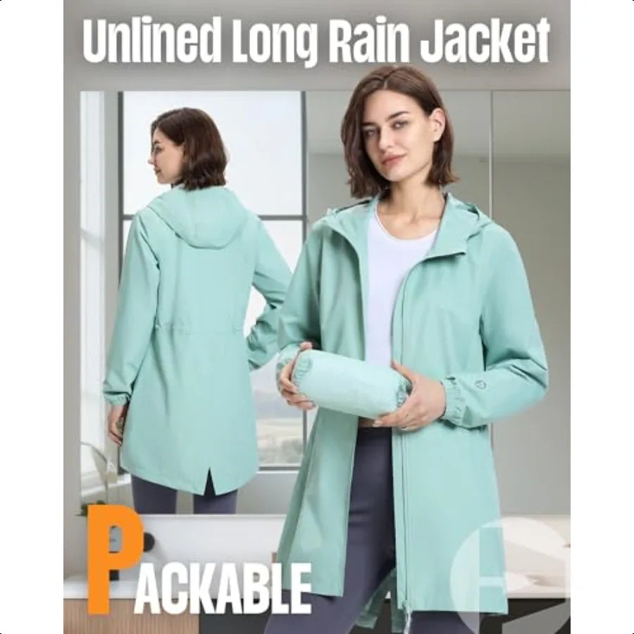 Outdoor Ventures Women's Waterproof Long Rain Coats Packable Lightweight Rain Jacket With Hood Windproof Trench Coats