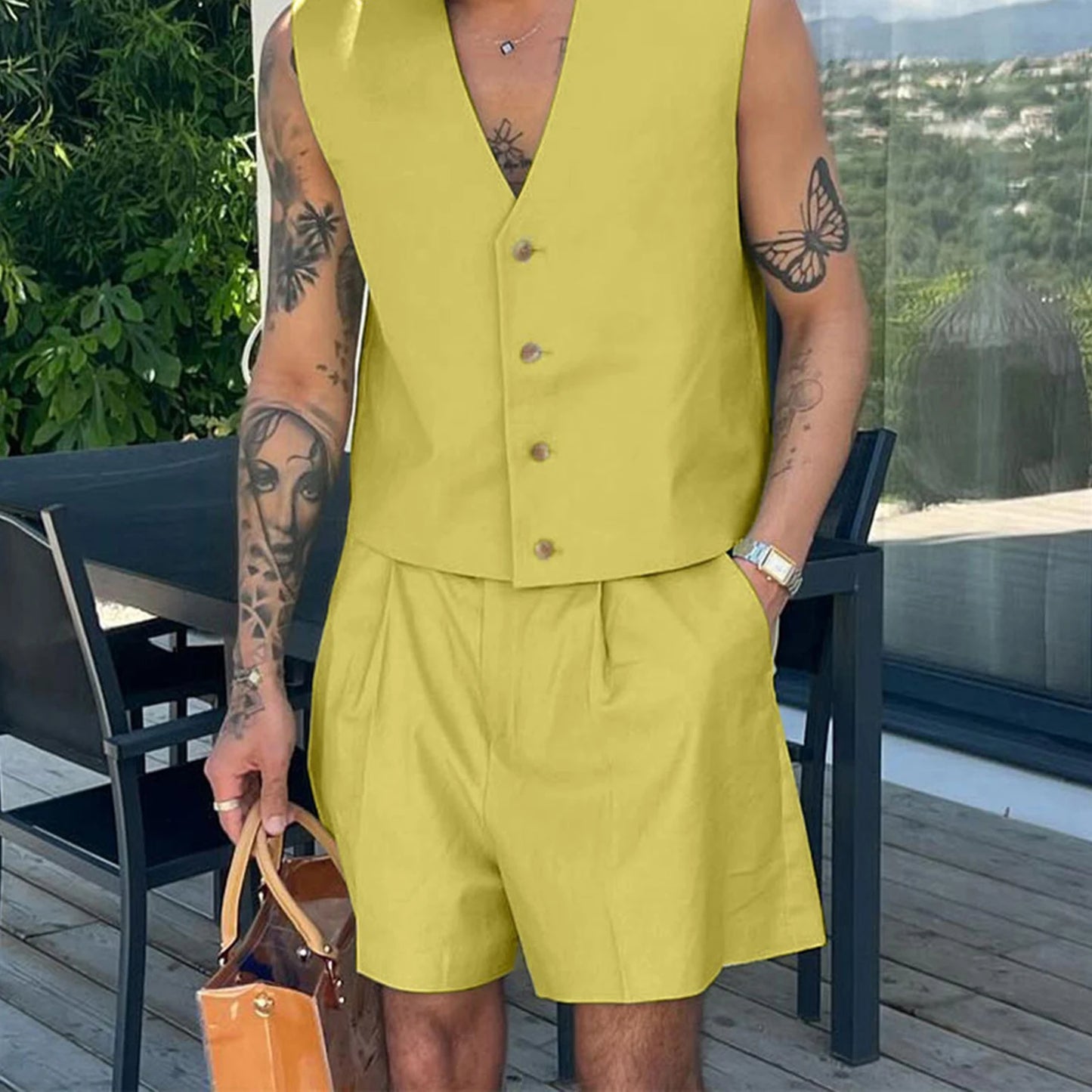 Stylish Men s Summer Ensemble Solid Color V Neck Button Up Vest Top and Wide Leg Shorts 2-Piece Outfit for a Fashionable Look