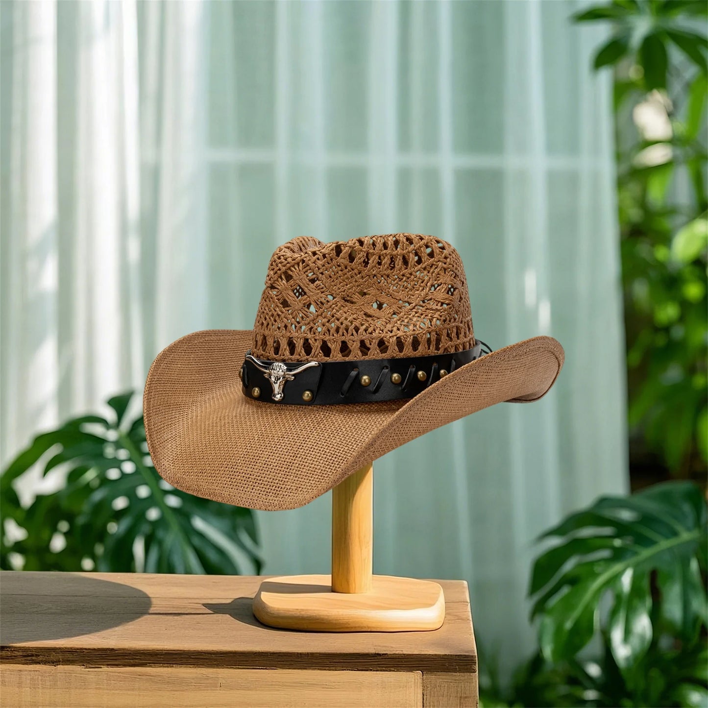 Women s Vintage Western Style Cowgirl Hat with Embroidered Bull Head Design Wide Brim Sun Hat for Outdoor Events and Festivals
