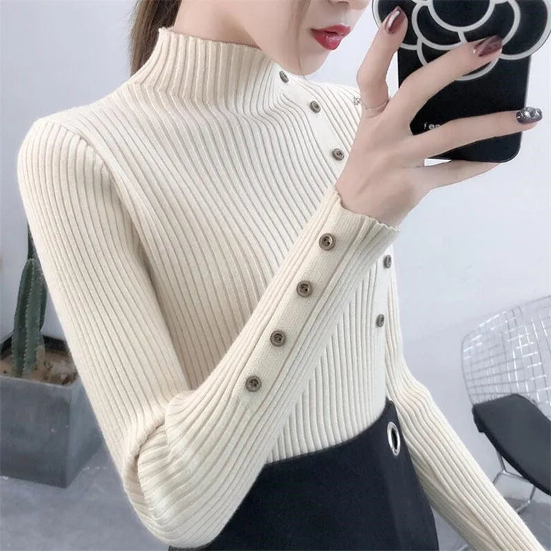 2025 Women Autumn Knitted Slim Sweaters Solid Knitted Female Cotton Soft Elastic Color Pullovers Button Full Sleeve Turtleneck