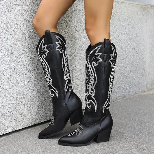 women's pointed toe knee high cowboy boots fashion embroider block chunky high heels western cowgirl boots