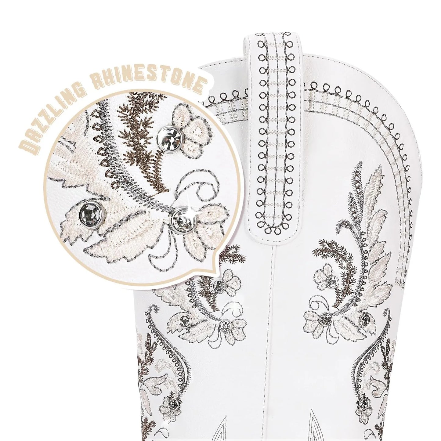 Cowboy Boots for Women - Wide Calf Knee High Western Cowgirl Boots, Sparkly Rhinestone Retro Country Boots White