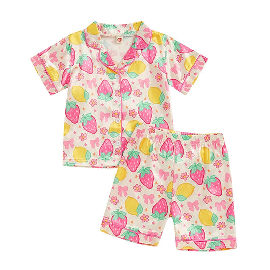 Girls Cute Summer Pajama Set with Bow Detail Fruit Print Lapel Collar Short Sleeves Button Down Top Shorts and Satin