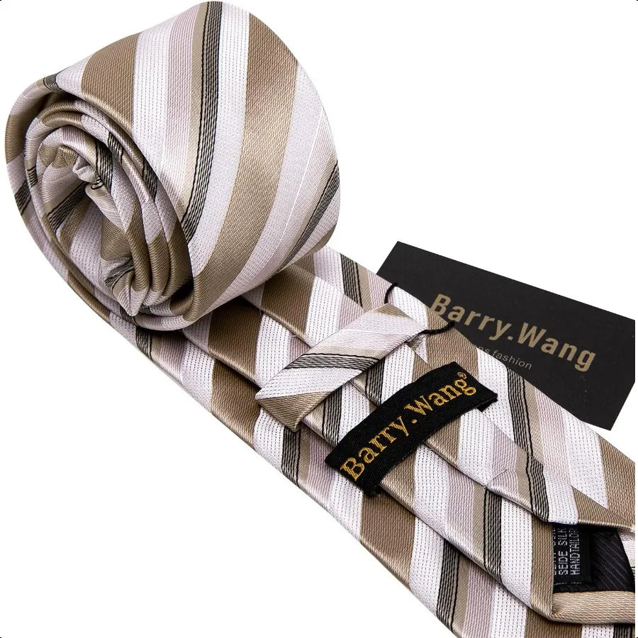 Barry.Wang Man Stripe Ties Set Silk Woven Pocket Square Necktie Cufflinks Formal Party Business