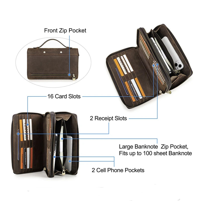 CONTACT'S Men's Clutch Designer Genuine Leather Male Handbag Double Zipper Long Purse Casual Wallet Bag Clutch High Quality