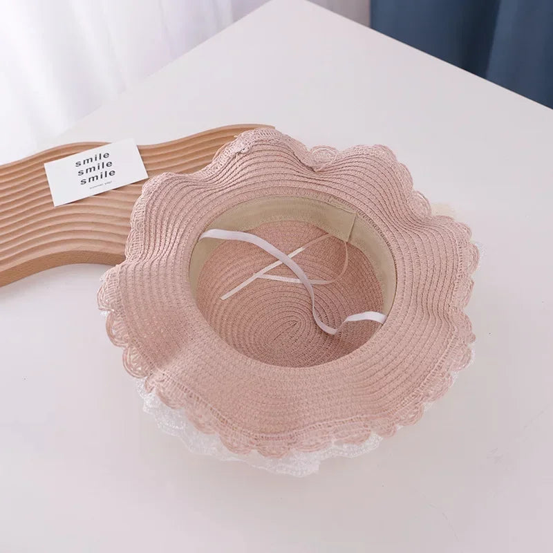 Summer Baby Girl Straw Hat Solid Color Lace Ruffle Kids Fisherman Cap Outdoor Beach Caps Sunshade Wide-brim Bucket Hats