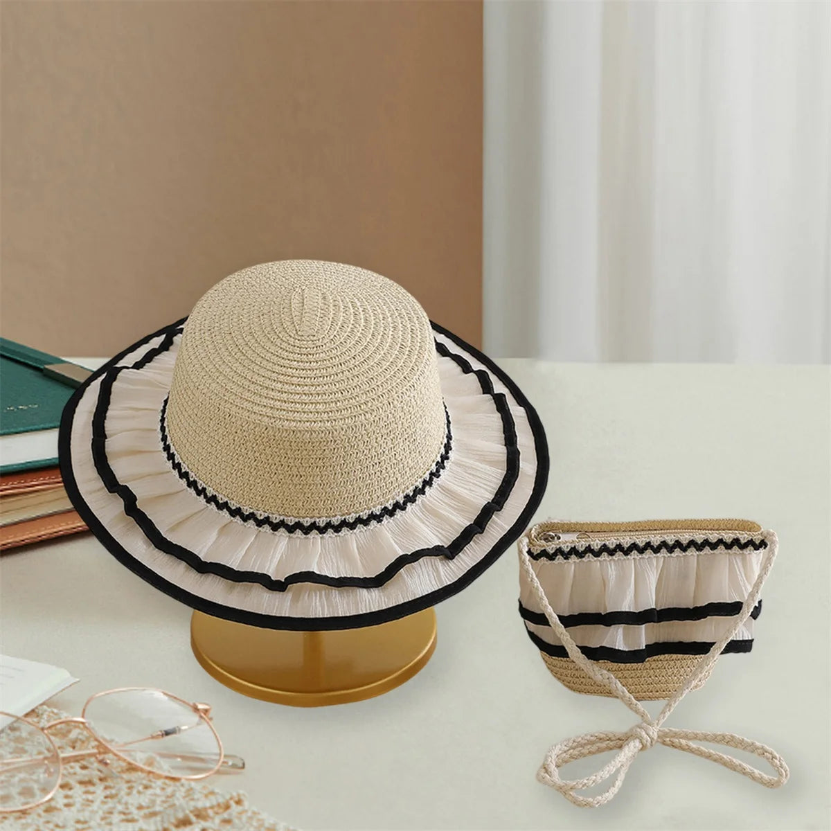 Children s Girl Patchwork Wide Brim Straw Hat and Bag Set for Summer Beach Vacation - Adorable Sun Protection Accessories for
