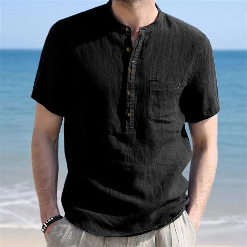 Men s Casual Fit Short Sleeve Linen Henley Shirt Lightweight Breathable Solid Color Summer Tee Top with Round Neck