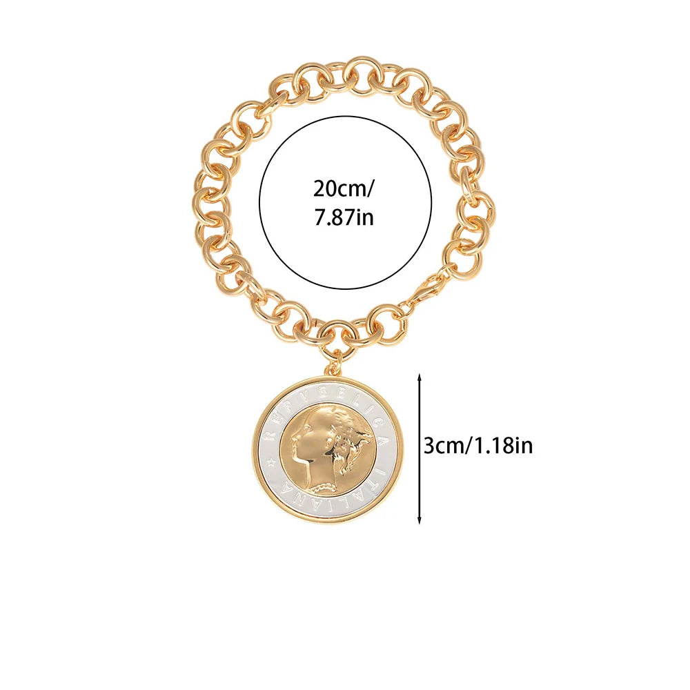 18K Gold Plated Bronze Italian Genuine 500-Lira Coin Charm Rolo Link Chain Bracelet for Women Vintage Fine Jewelry Gift US Stock