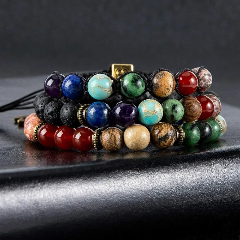 Chakra Bead Bracelets for Women - 8mm 7 Chakra Bracelet With Real Stones Yoga Gemstone Jewelry 3 Pack