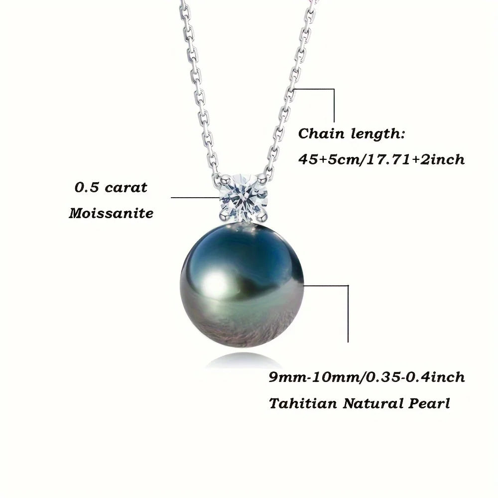 1pc S925 Silver 10mm Tahitian Black Pearl Inlaid With Moissanite Women's Necklace, AAAA Grade Handmade Selected Natural Black Pe