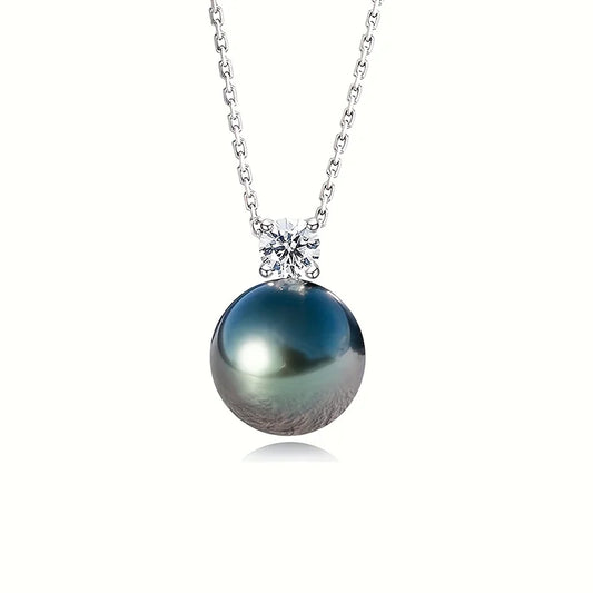1pc S925 Silver 10mm Tahitian Black Pearl Inlaid With Moissanite Women's Necklace, AAAA Grade Handmade Selected Natural Black Pe