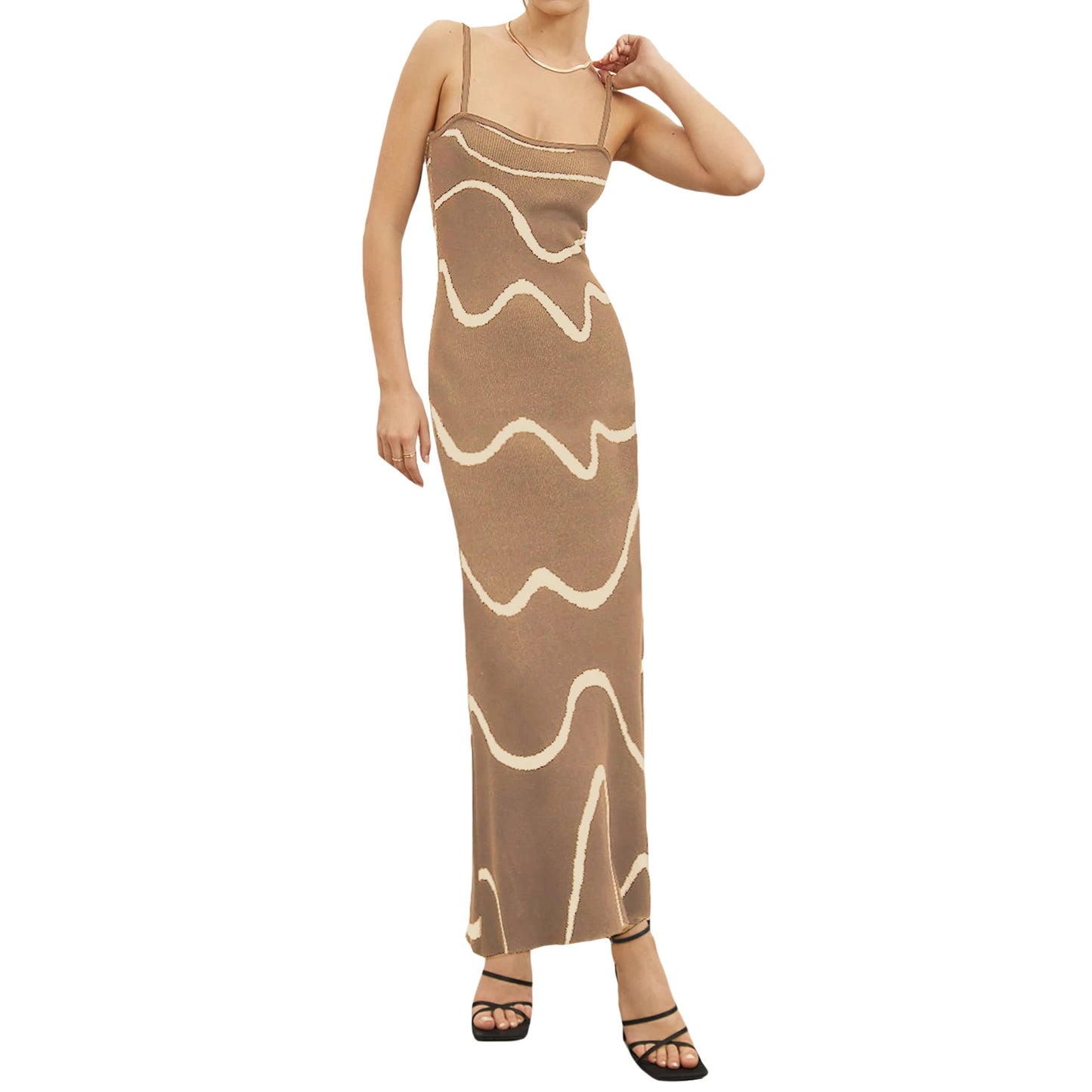 Women s Summer Cami Knit Dress Wavy Print Spaghetti Strap Open Back Party Midi Dress