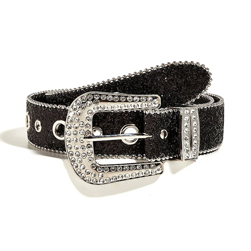 Goth Rhinestone Belts Women PU Leather Strap Bling Diamond Crystal Waist Belts Western Cowboy Y2K Girls Fashion Belt for Jeans