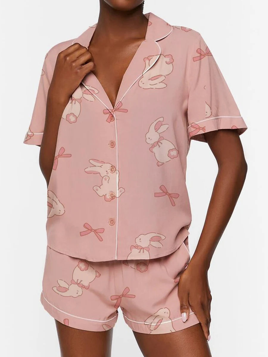 Women’s 2 Piece Pajamas Set Cute Bunny Print Short Sleeve Button Up Shirt Shorts Set Home Clothes