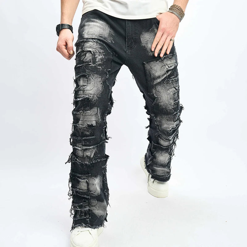 Men Vintage Denim Pants Raw Trim Distressed Straight Leg Pants Casual Trousers with Pockets for Streetwear