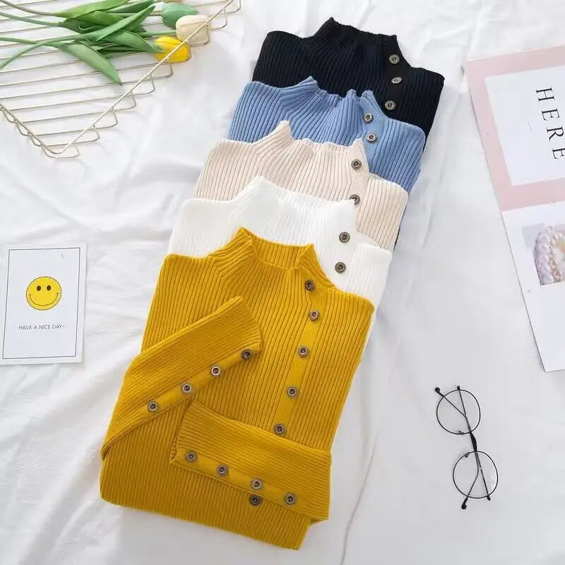 2025 Women Autumn Knitted Slim Sweaters Solid Knitted Female Cotton Soft Elastic Color Pullovers Button Full Sleeve Turtleneck