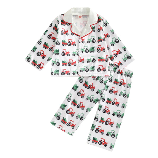 Toddler Boy Satin Pajama Set Tractor Print Long Sleeve Button Down Tops Elastic Waist Pants 2 Piece Set for Fall