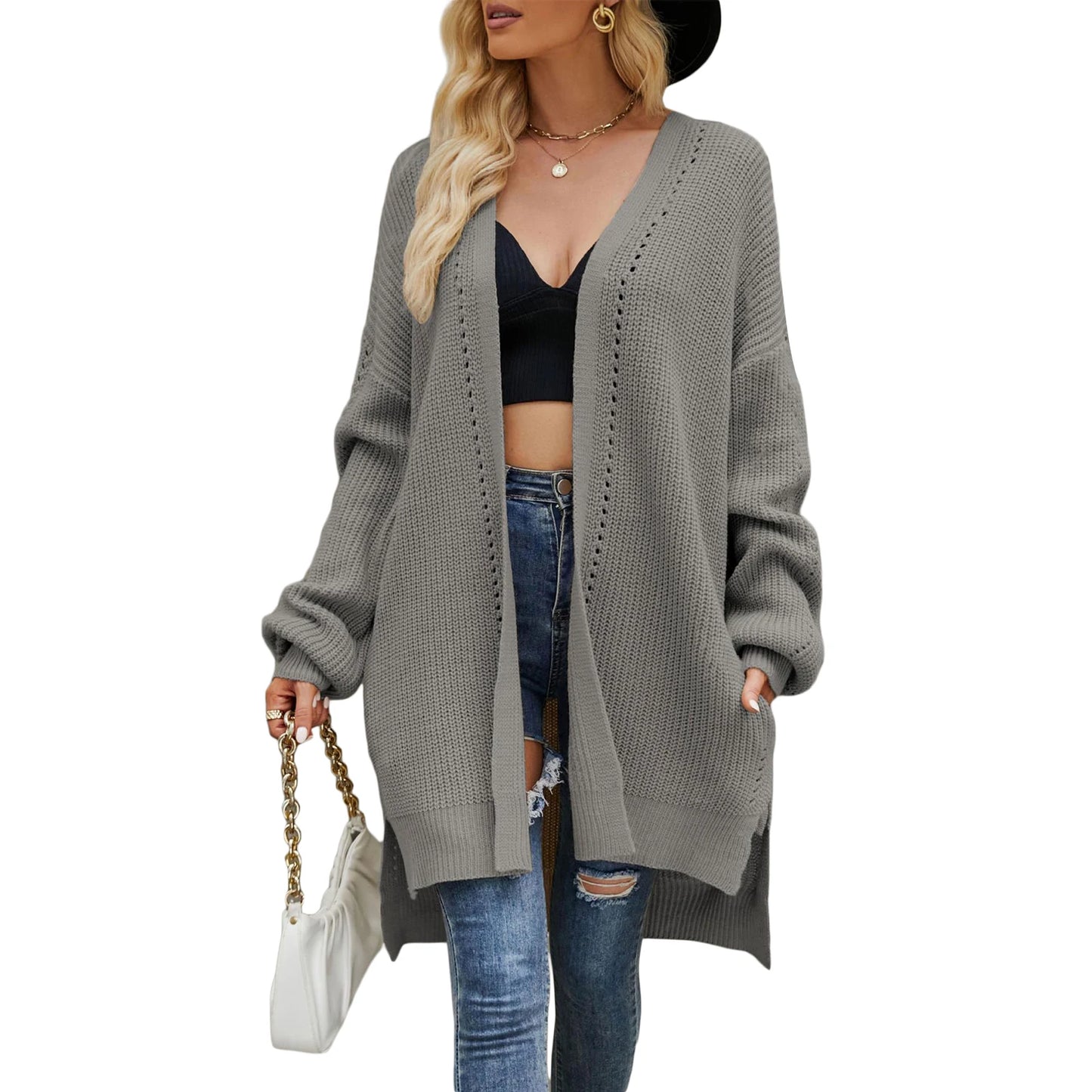 Women s Autumn Winter Knit Cardigan Long Sleeve Open Front Split Hem Knitwear Sweater