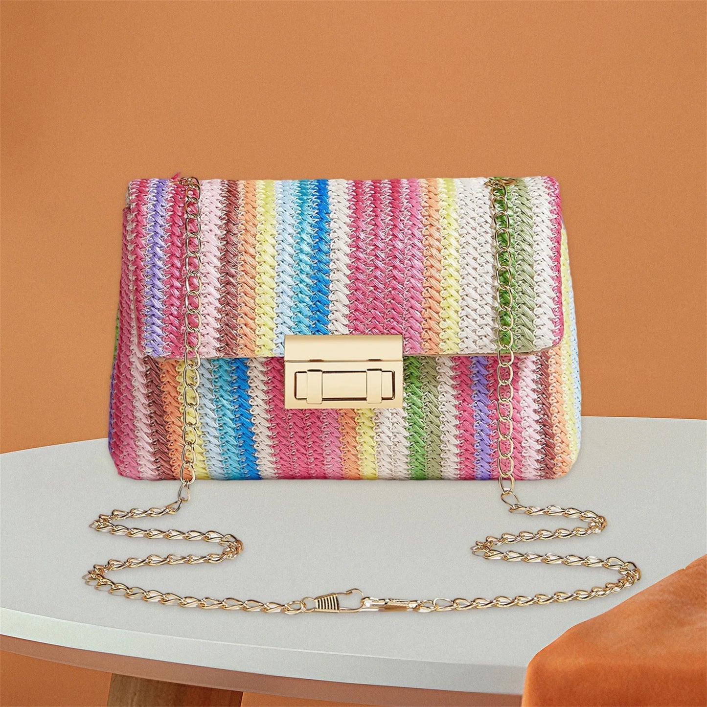Colorful Striped Rattan Crossbody Bag Boho Woven Purse Shoulder Bag for Women Summer Beach Vacation Accessory