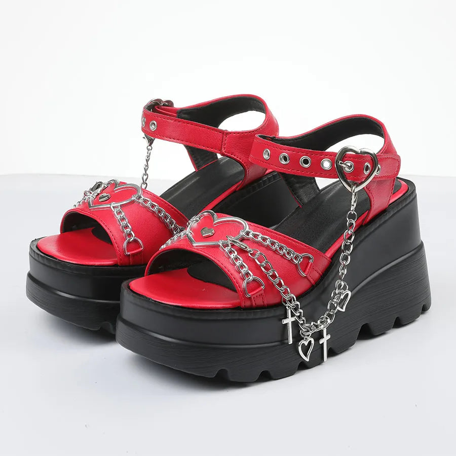 Women Y2k Gothic Sandals Wedges High Heels Platform Metal Chain Heart Decor Ankle Strap Punk Cosplay Sandals For Woman Summer Sh