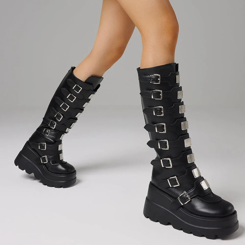 Punk Goth Women Knee High Boots Round Toe Multi Metal Buckle Zipper Motorcycle Boots Nightclub Christmas Shoes