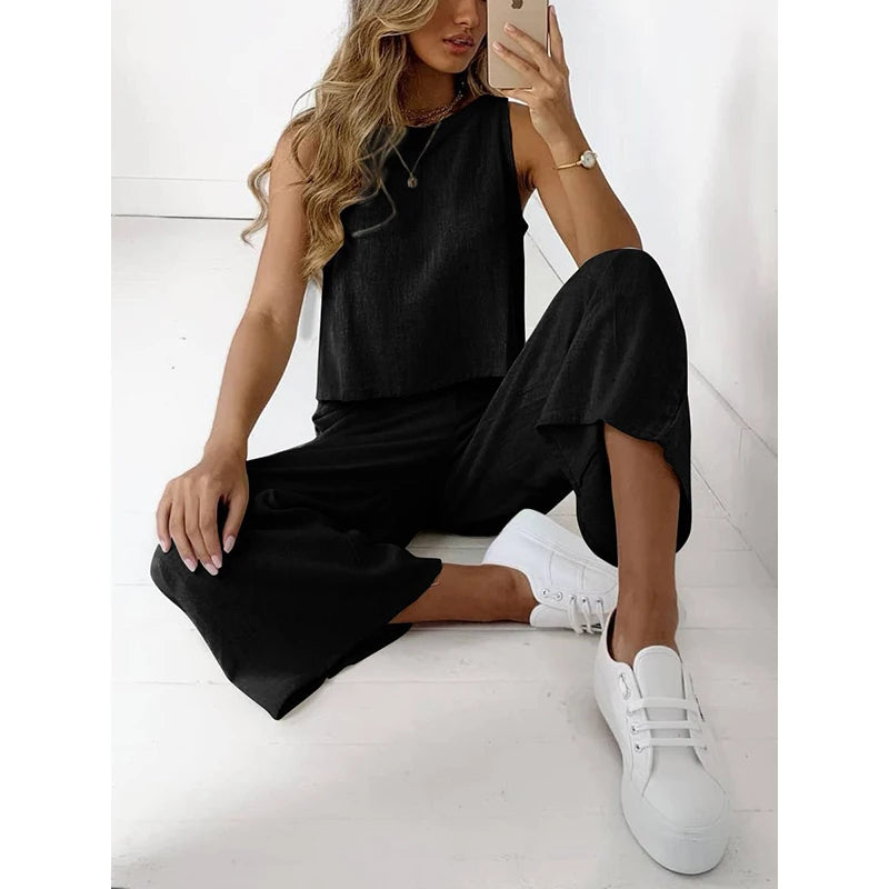 Casual Women's Clothing Suit O Neck Two Pieces Set Loose Sleeveless Solid Color Wide Leg Simple Comfortable for Famale Outdoor