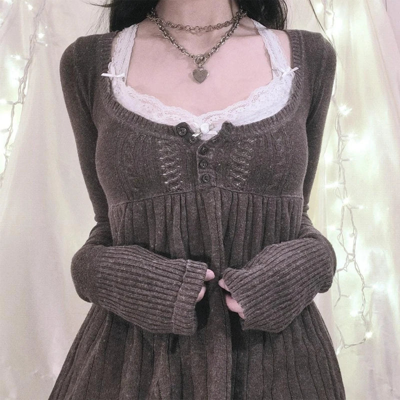2000s Vintage Long Sleeve Babydoll Knitted Sweater Tops Cottage Milkmaid Pullovers Aesthetic Grunge Y2k Knitwear T-shirts Women
