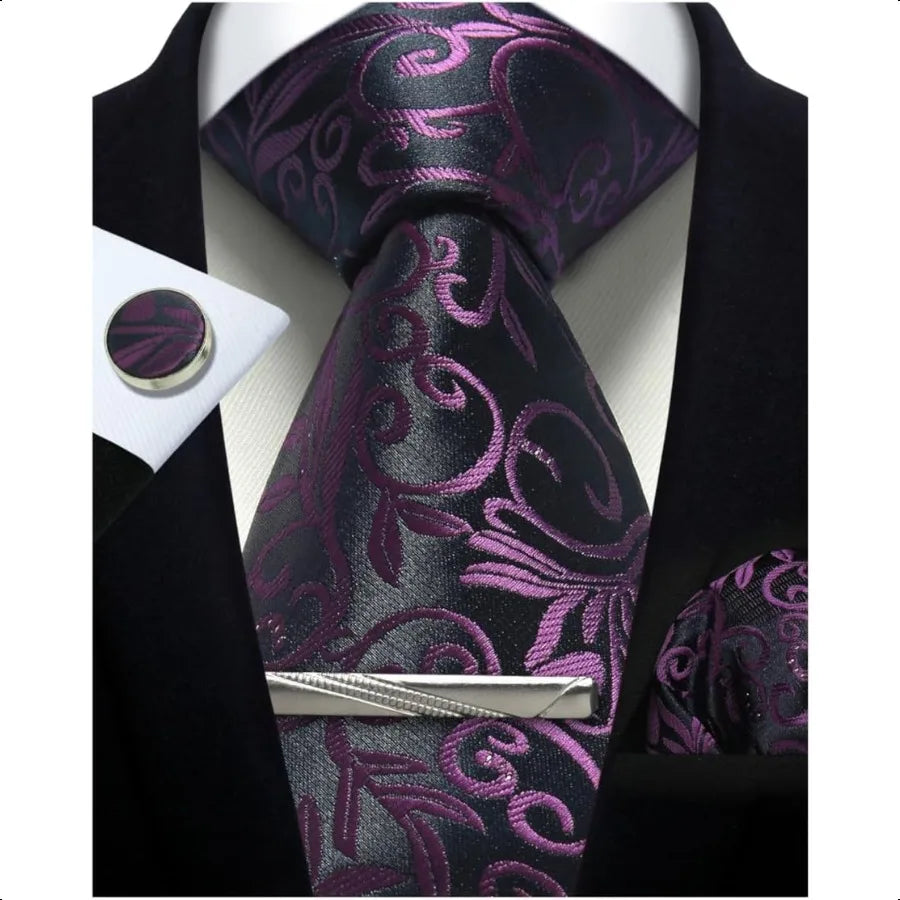 Paisley Floral Mens Tie Formal Necktie Pocket Squares Ties Clips Cufflinks Classic for Men Set