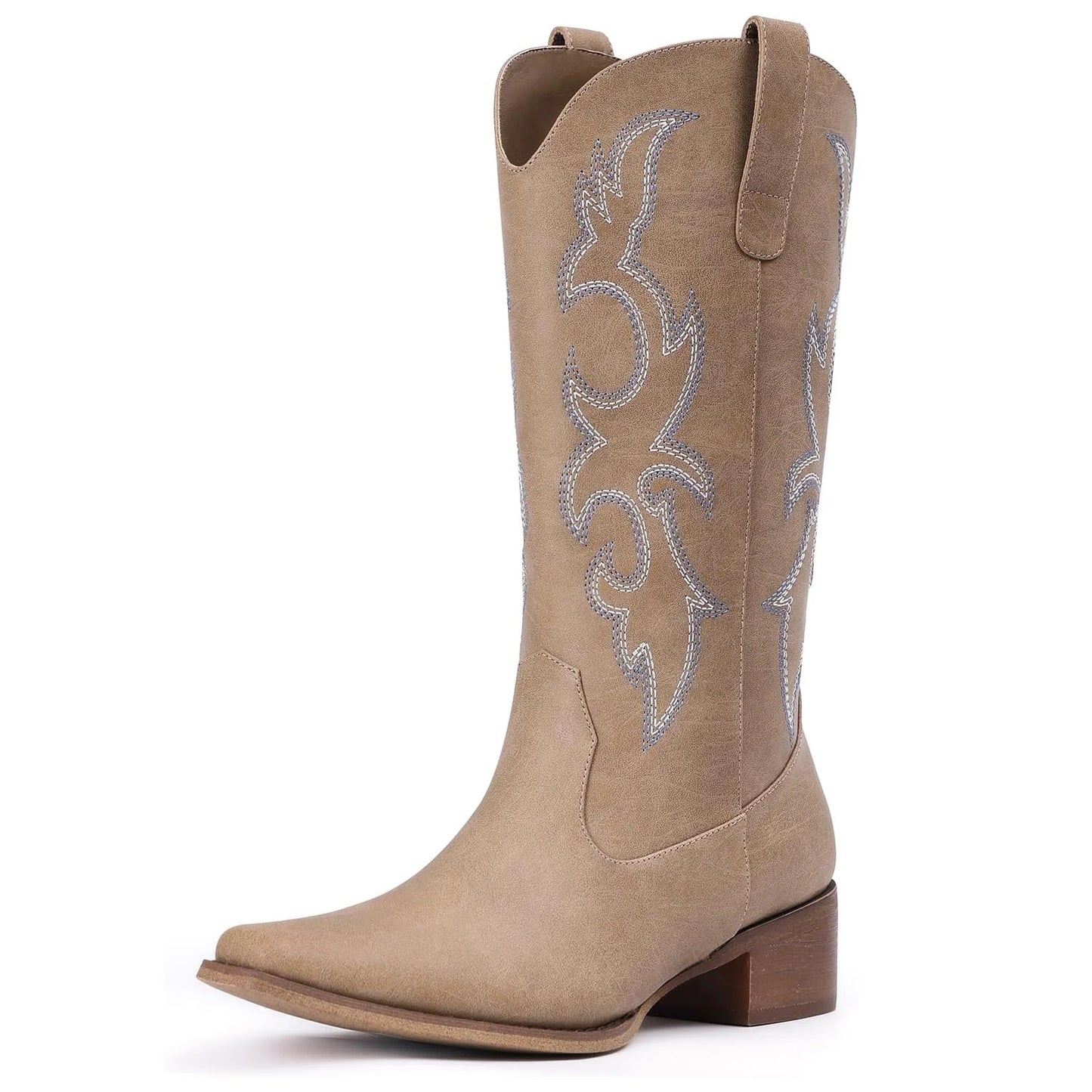 Light Brown Cowboy Boots for Women - Embroidered Cowgirl Boots Western Mid Calf Fashion Chunky Heel Pointed Toe Country Boots