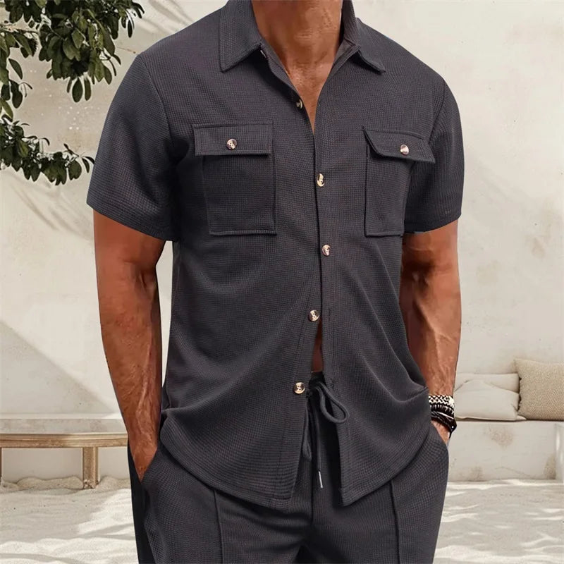Men s Casual Short Sleeve Button Down Shirt with Turn-down Collar Solid Color Summer Top for Daily Wear and Outings