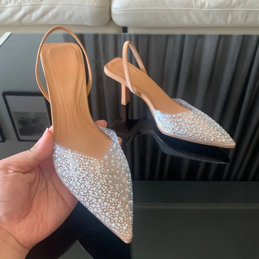2025 Fashion Summer Women High Heels Pearl Decoration Slingback Woman Pumps Pointed Toe High Heels Sandals Elegant Woman Shoes